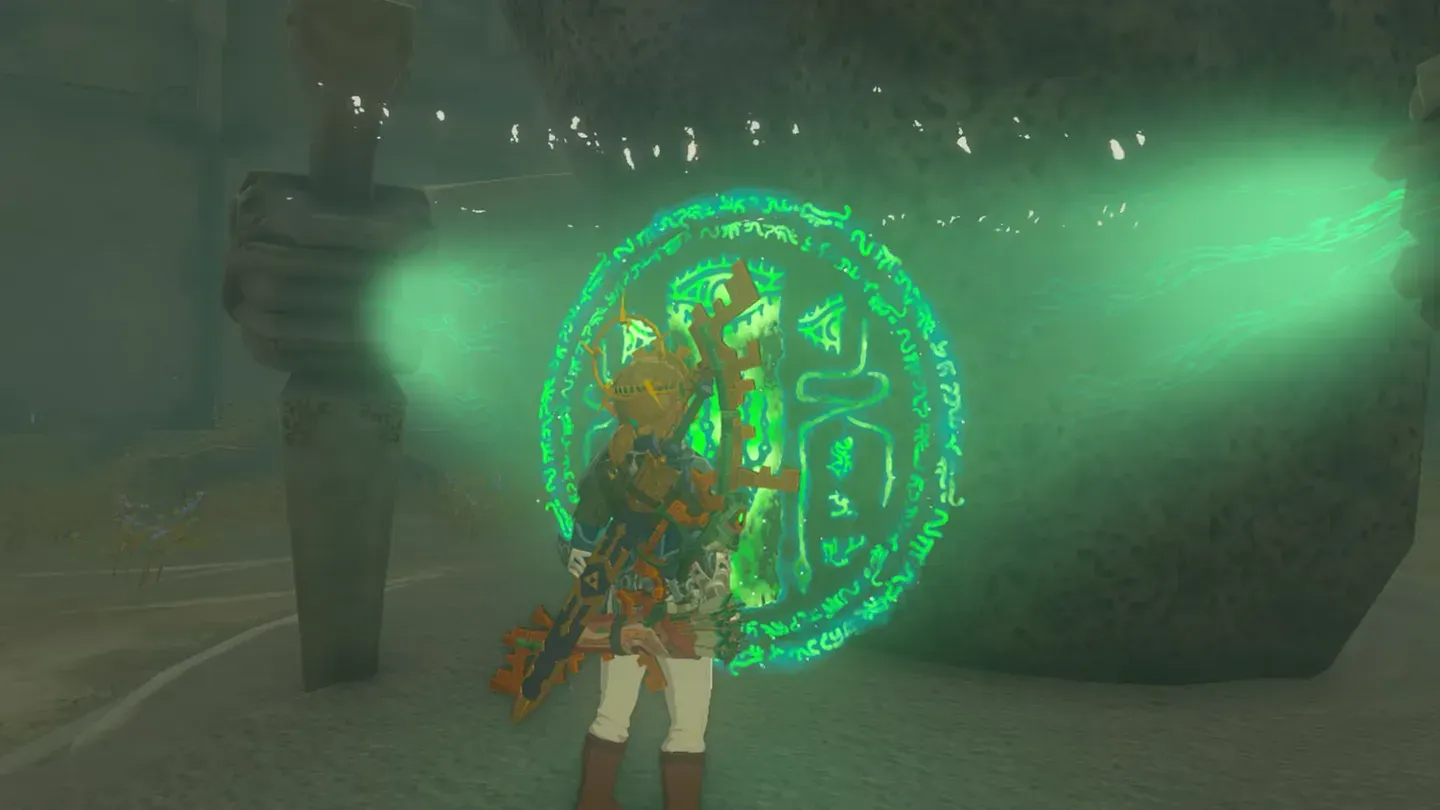 Link activating the Joku-u Shrine entrance on Dragonhead Island