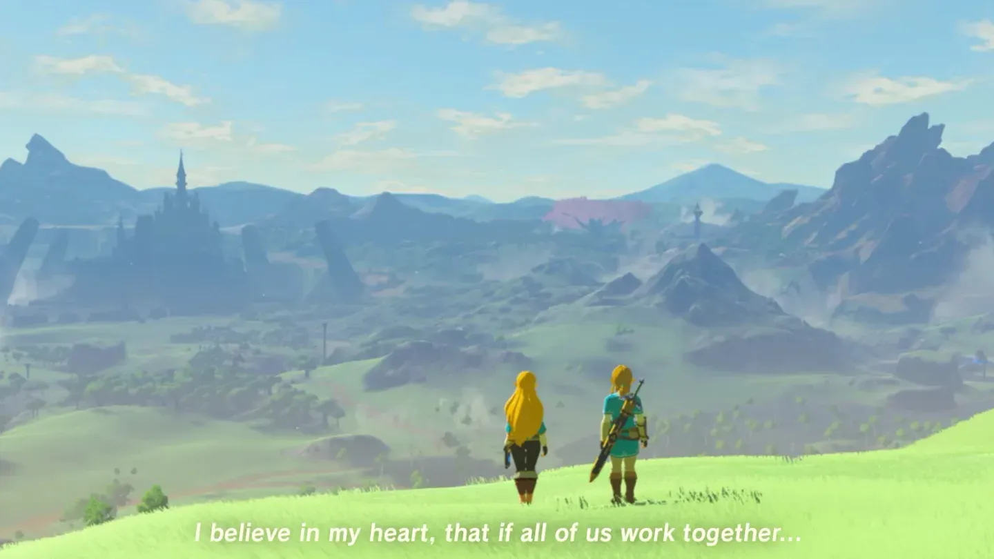 Link and Zelda standing on a hill, looking out over Hyrule Castle