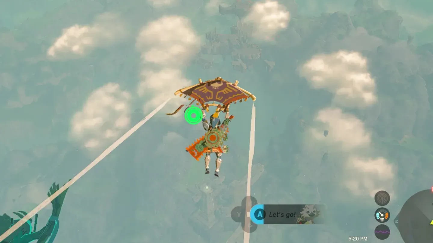 Link paragliding through the sky from the tower
