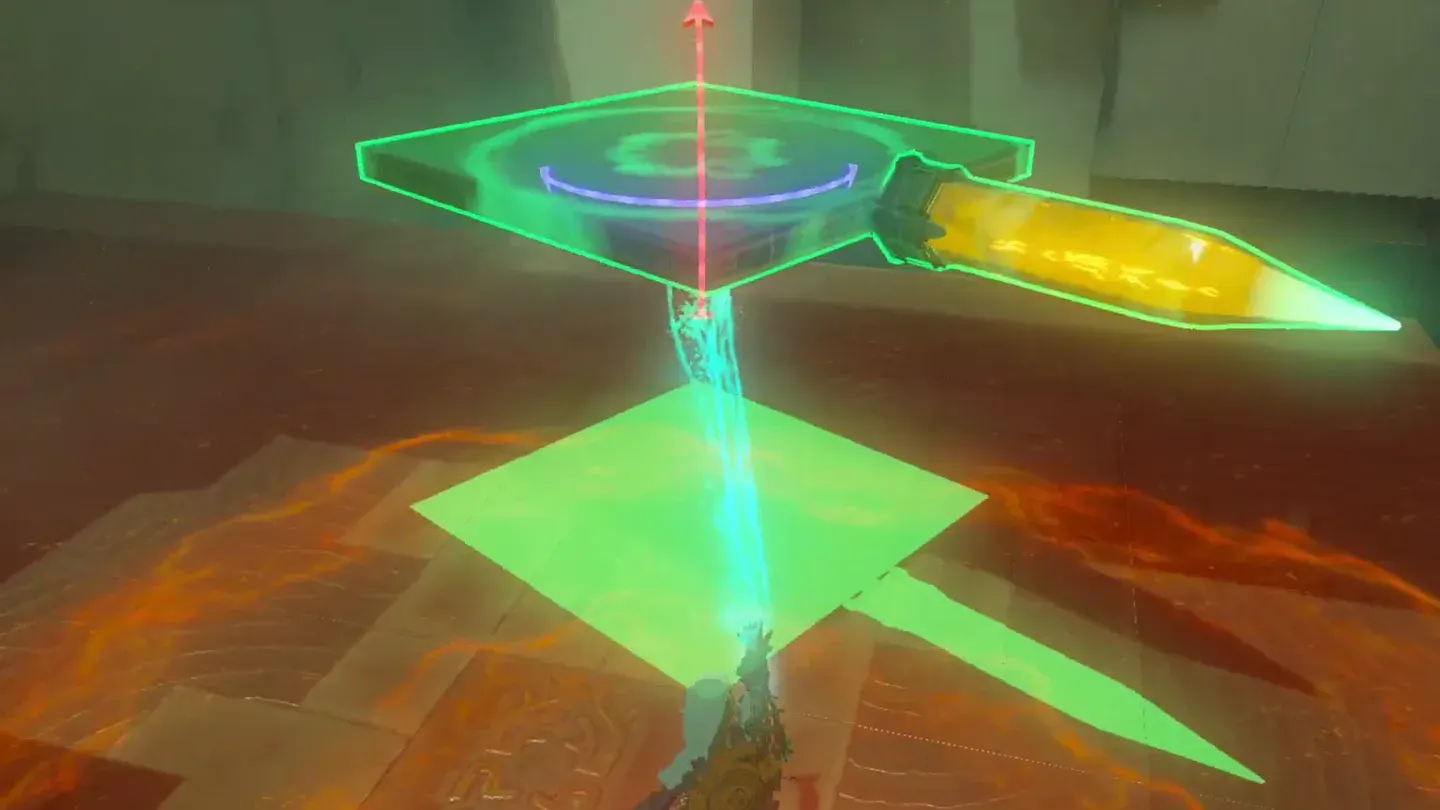 Ultrahand holding the metal panel with its stake above the green outline on top of the monolith