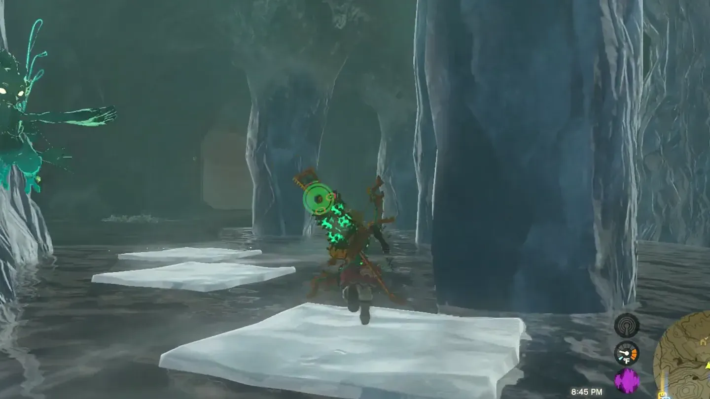 Link crossing icy water on a line of ice sheets
