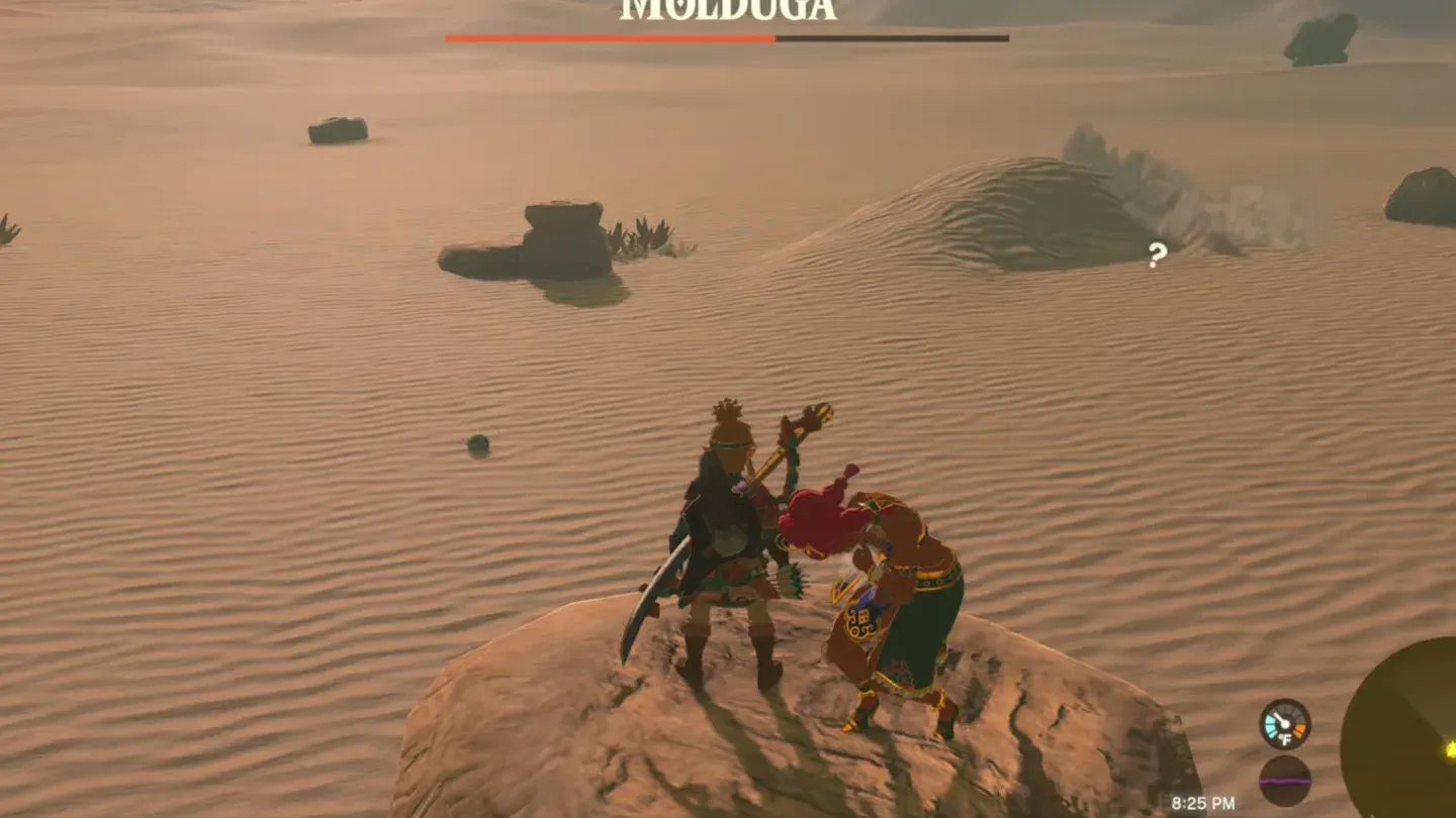 Link standing on a rock outcrop in the desert while a Molduga approaches under the sand