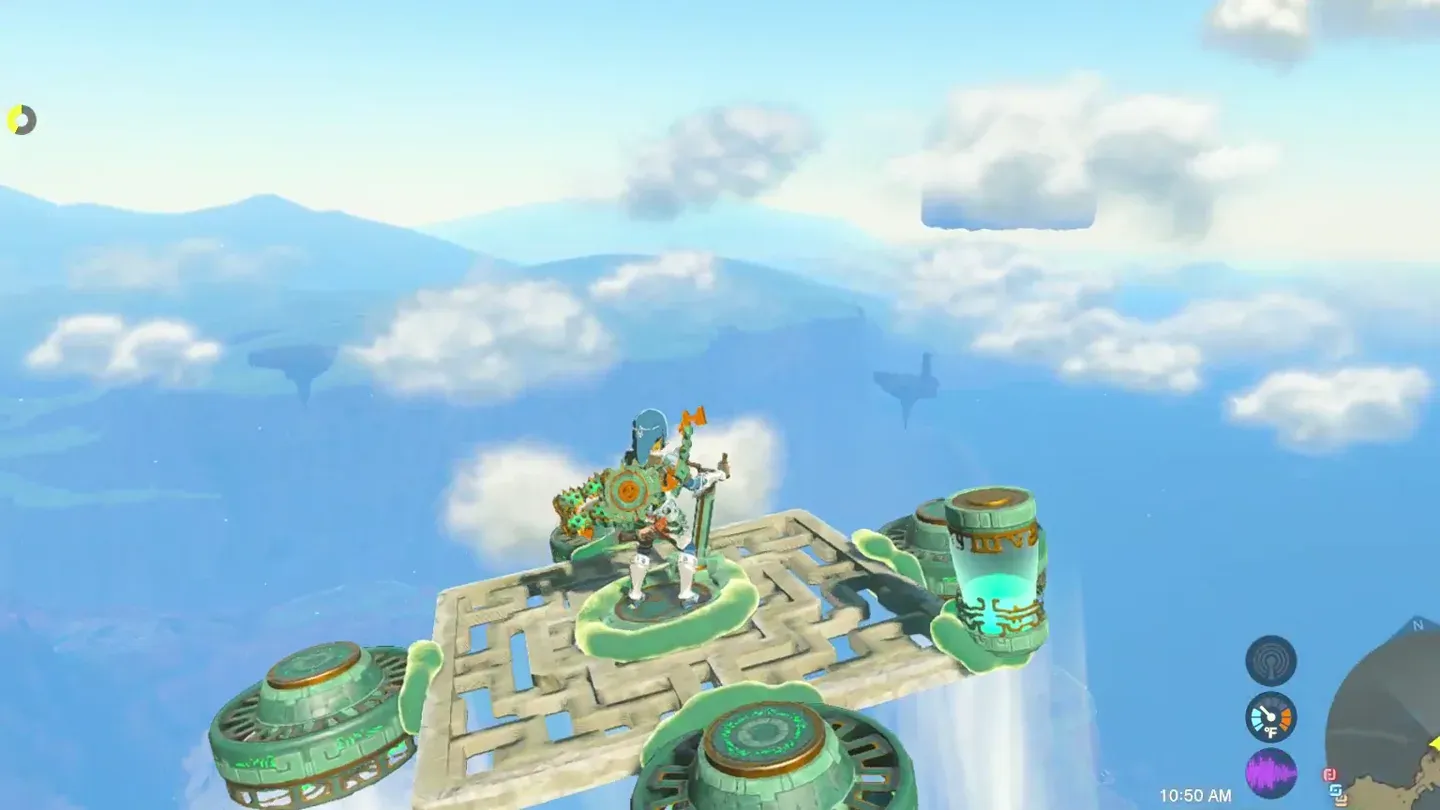 Link flying a Zonai aircraft between sky islands