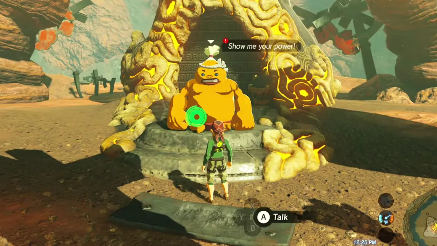 The Goron Bayge standing in front of the shrine on top of the rock
