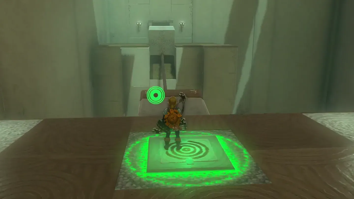 Link standing on the glowing pressure plate with the gap and block ahead