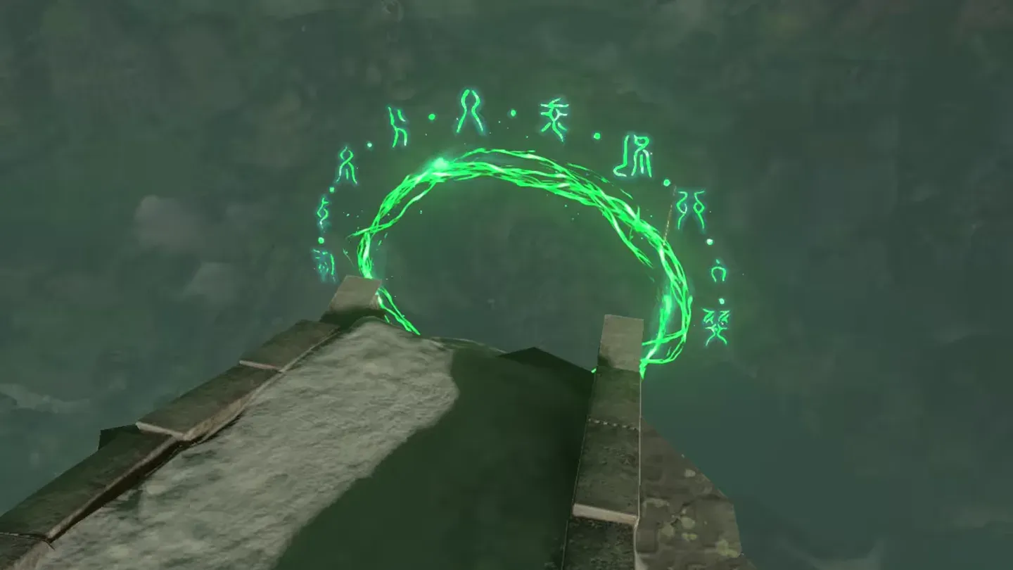 A glowing green ring floating above a snowy ridge