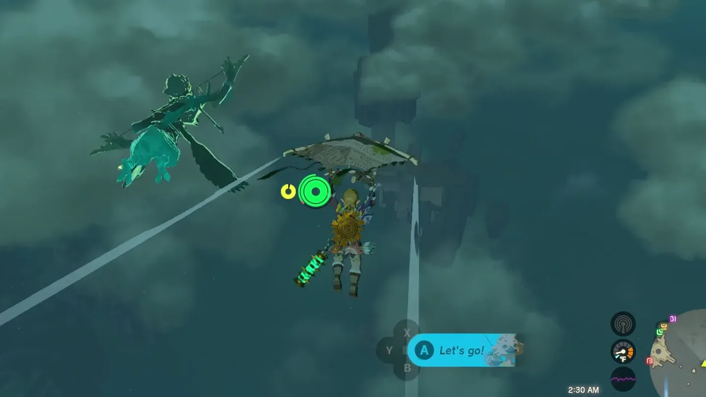 Link paragliding through the sky toward the island