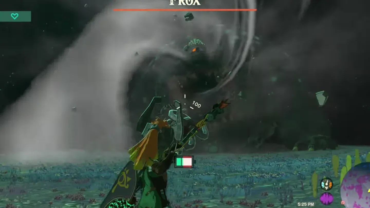 A Frox sucking the air and debris toward its open mouth