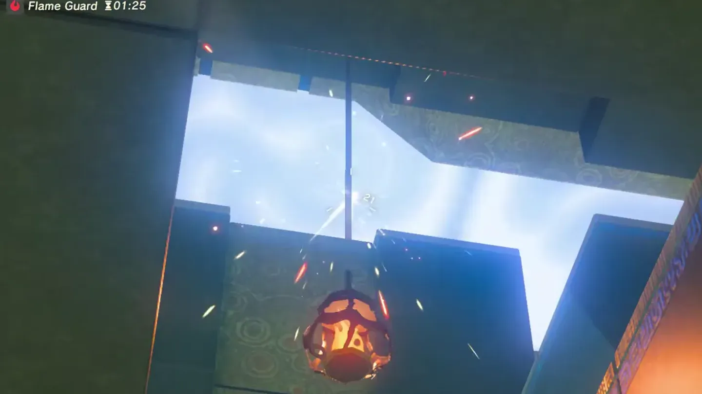 A hanging fire lamp in the ceiling opening above the vines
