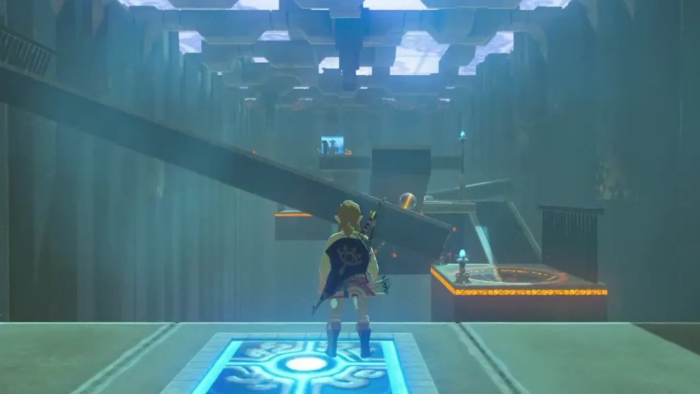 Link standing on the blue floor switch at the entrance, the tilted slab above