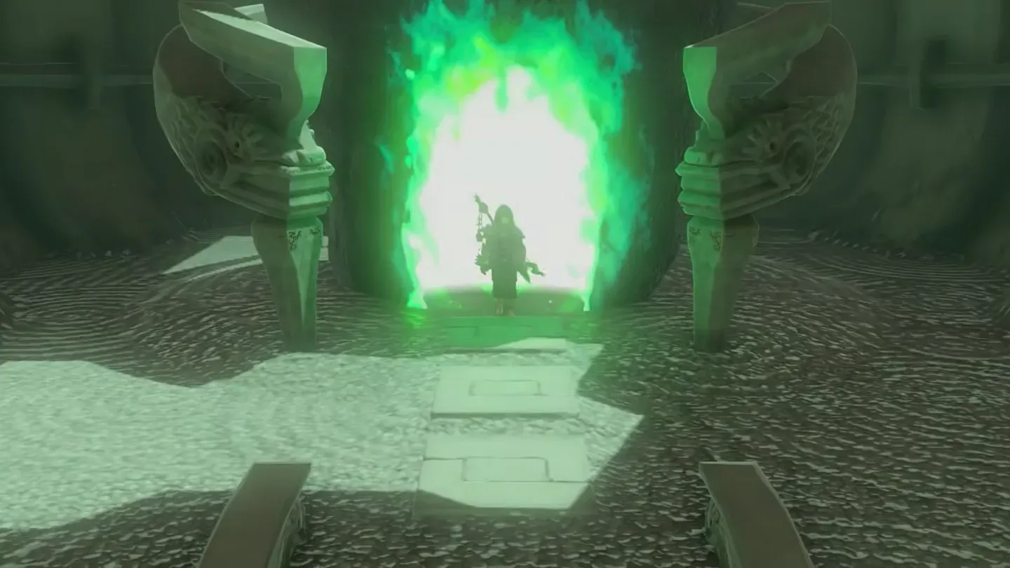Link walking through the glowing green entrance of Soryotanog Shrine