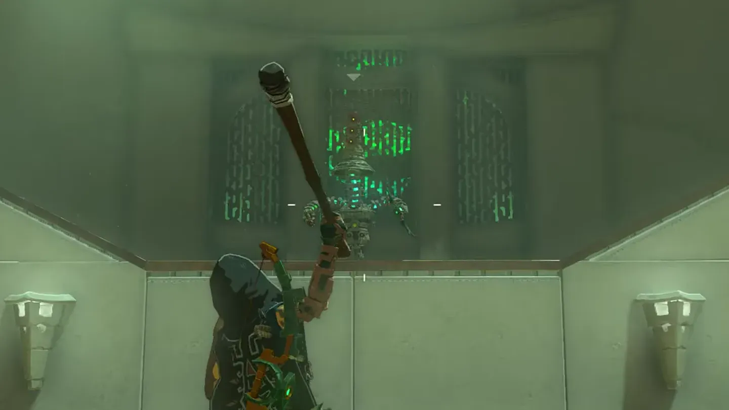Link raising a weapon to throw at the Training Construct on the high platform