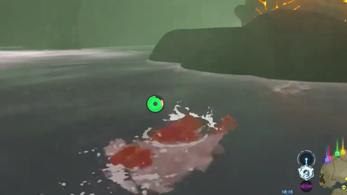 Link swimming in icy water inside the cave, flashing red from the cold
