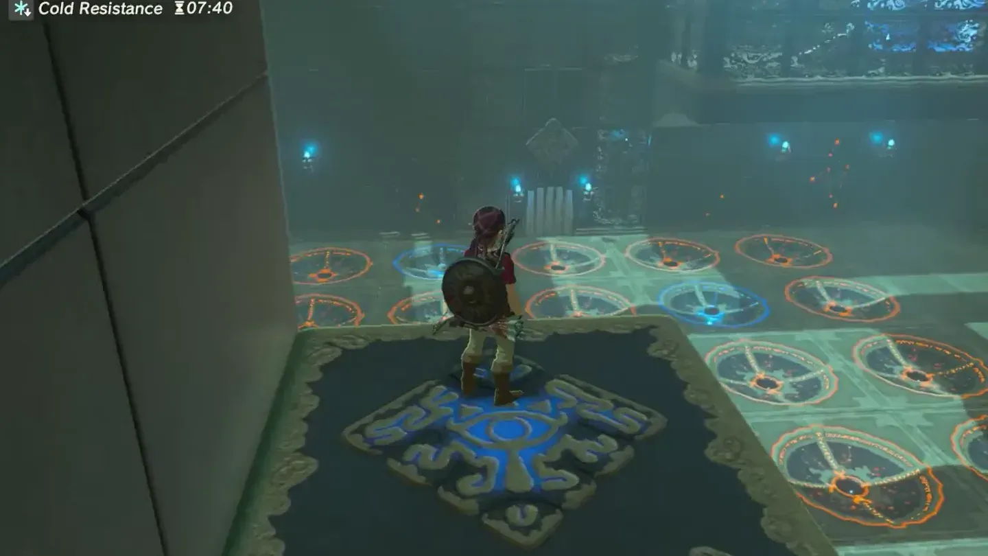Link standing on the glowing lift at the edge of the ball room