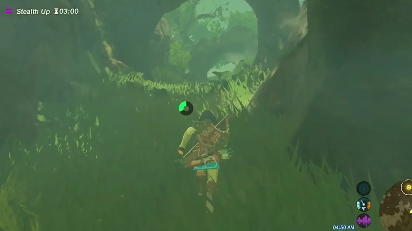 Link walking under a mossy stone arch into the misty woods
