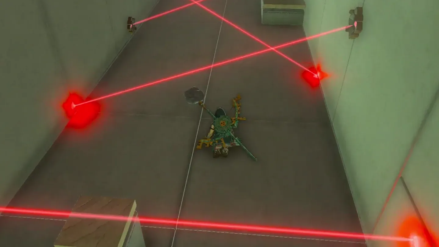 Link crouching under crossing laser beams in the corridor