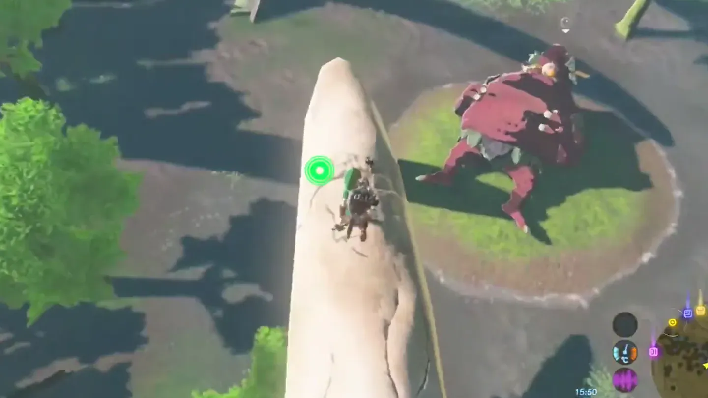 The Hinox standing on a grassy island in Hanu Pond, seen from a stone pillar