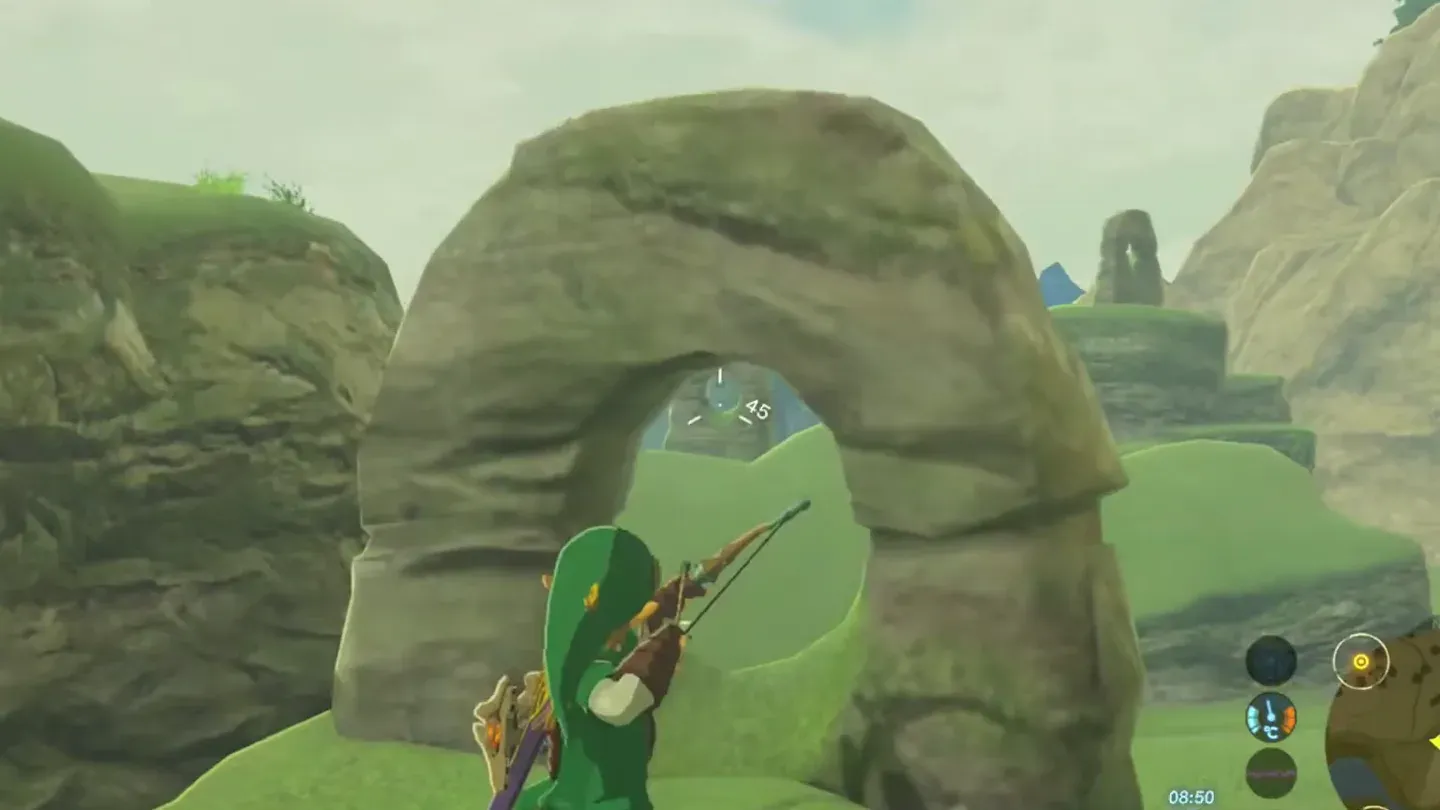 Link aiming a bow through a large stone ring toward a farther ring