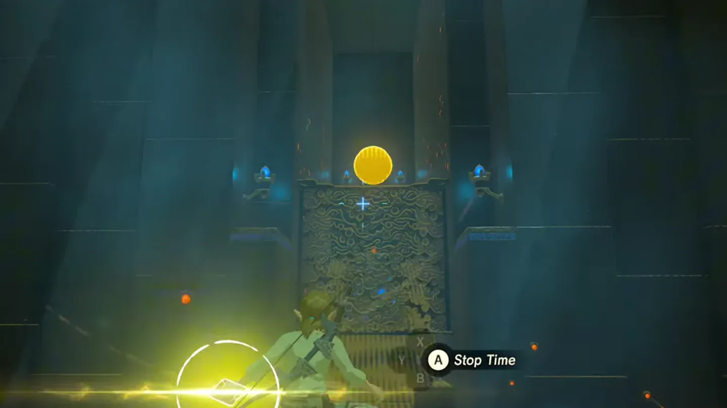 Link aiming Stasis at the orb high above the platform
