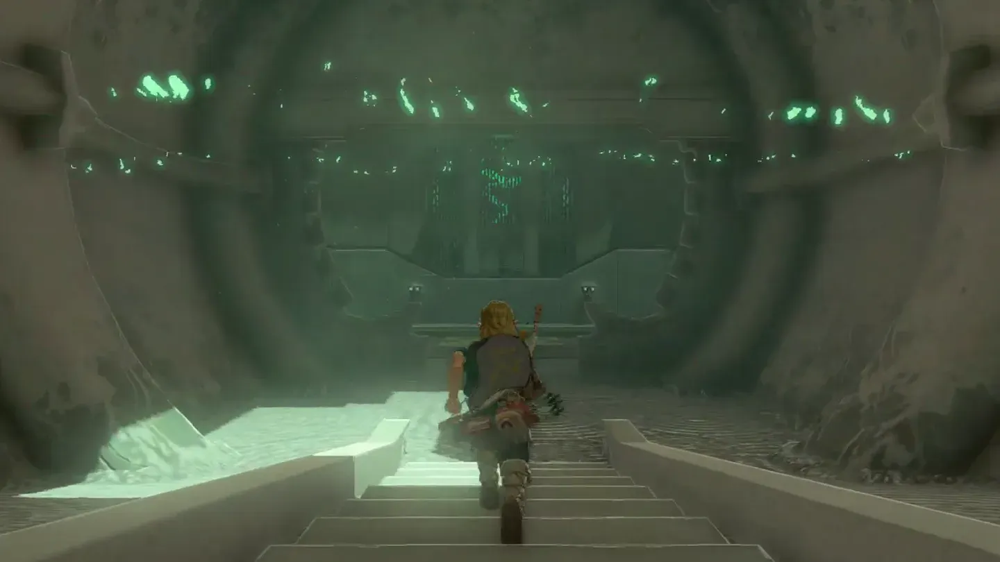 Link walking up the steps into Yamiyo Shrine