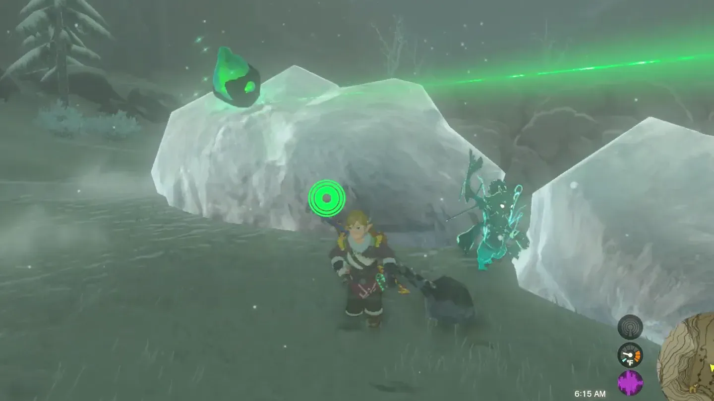 A block of ice with the green crystal on top, the shrine beam pointing at it