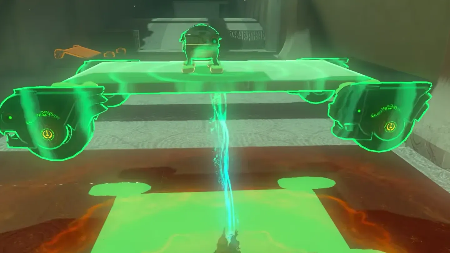 Link holding a wheeled vehicle with a chest on top in Ultrahand