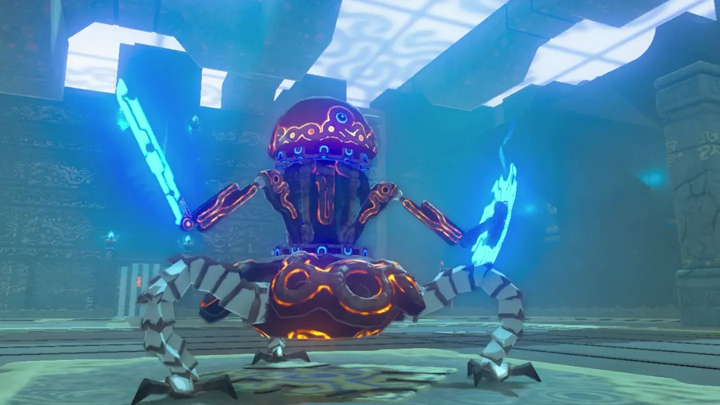 The Guardian Scout rising in the middle of the arena, blades drawn