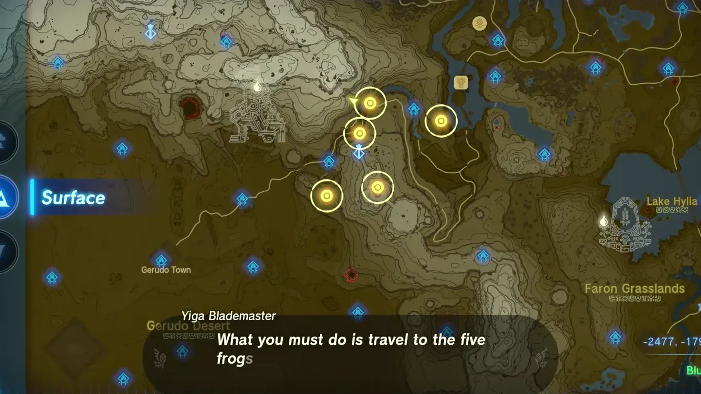 The map showing the five frog statue markers around Gerudo Canyon