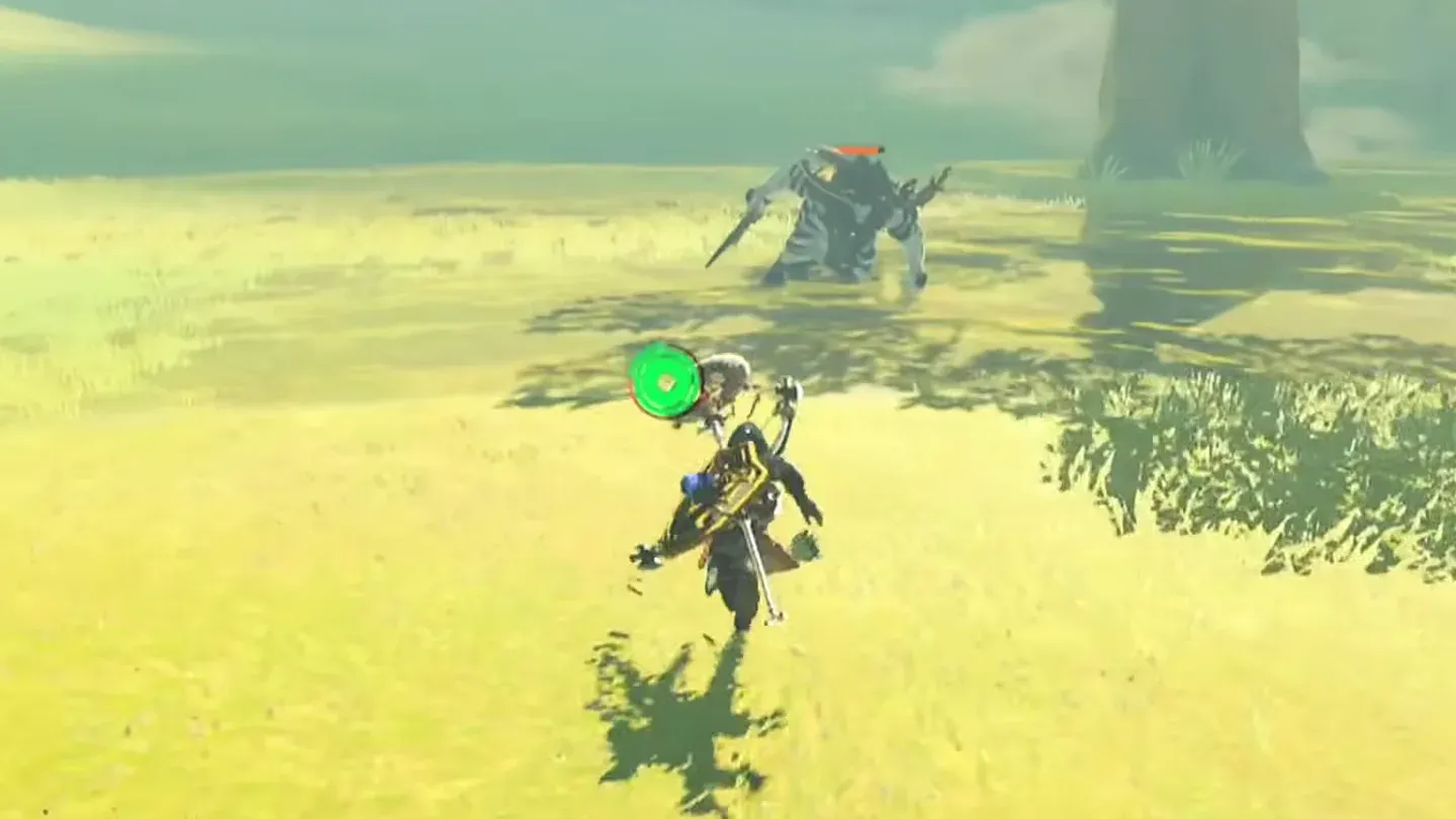A Lynel charging across a field toward Link