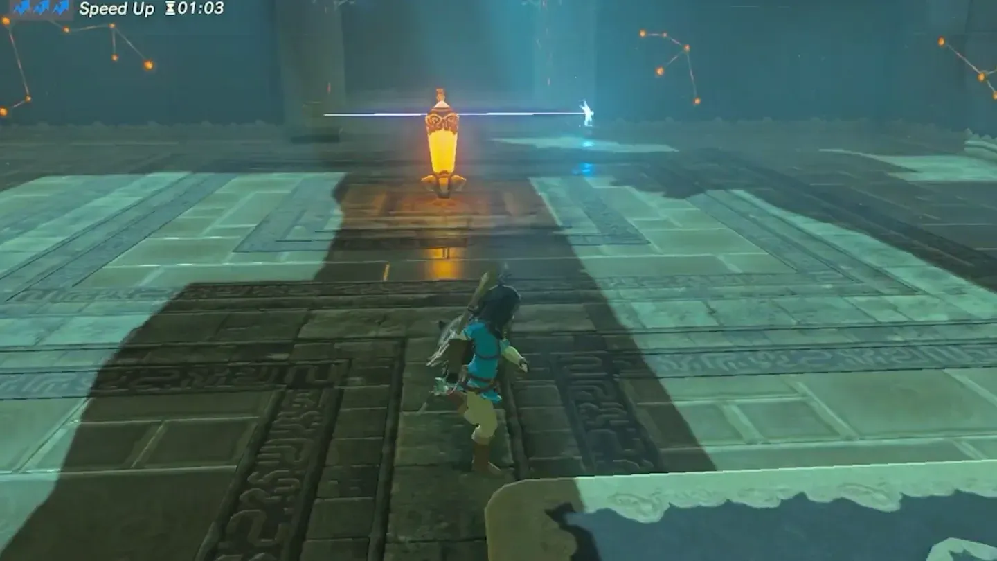 The laser emitter glowing orange under Stasis on its stand