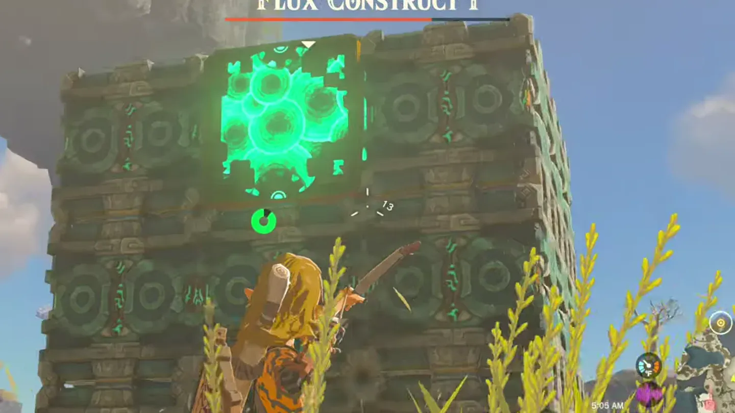 Link aiming a bow at the glowing block on a Flux Construct