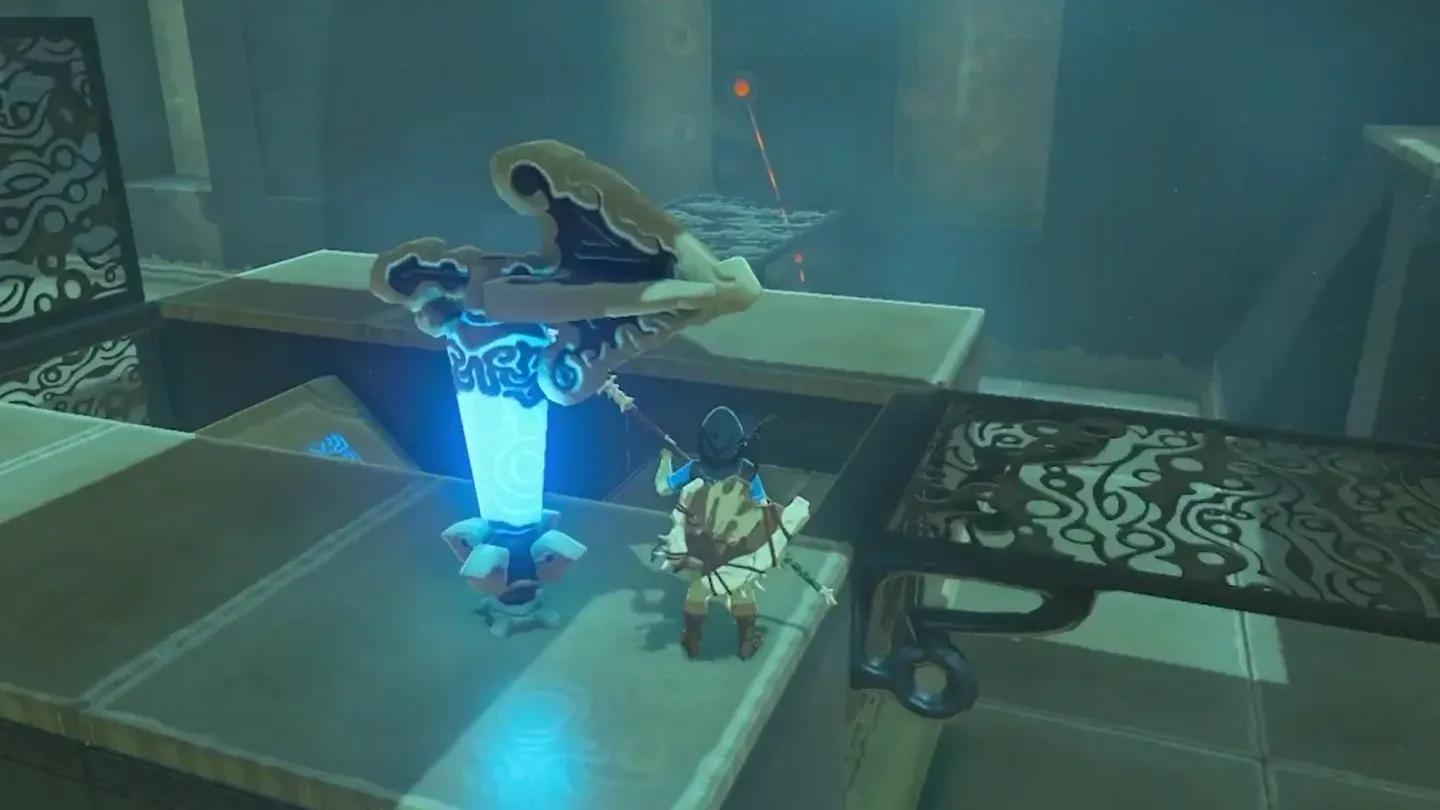 Link beside the glowing crystal switch on a raised block