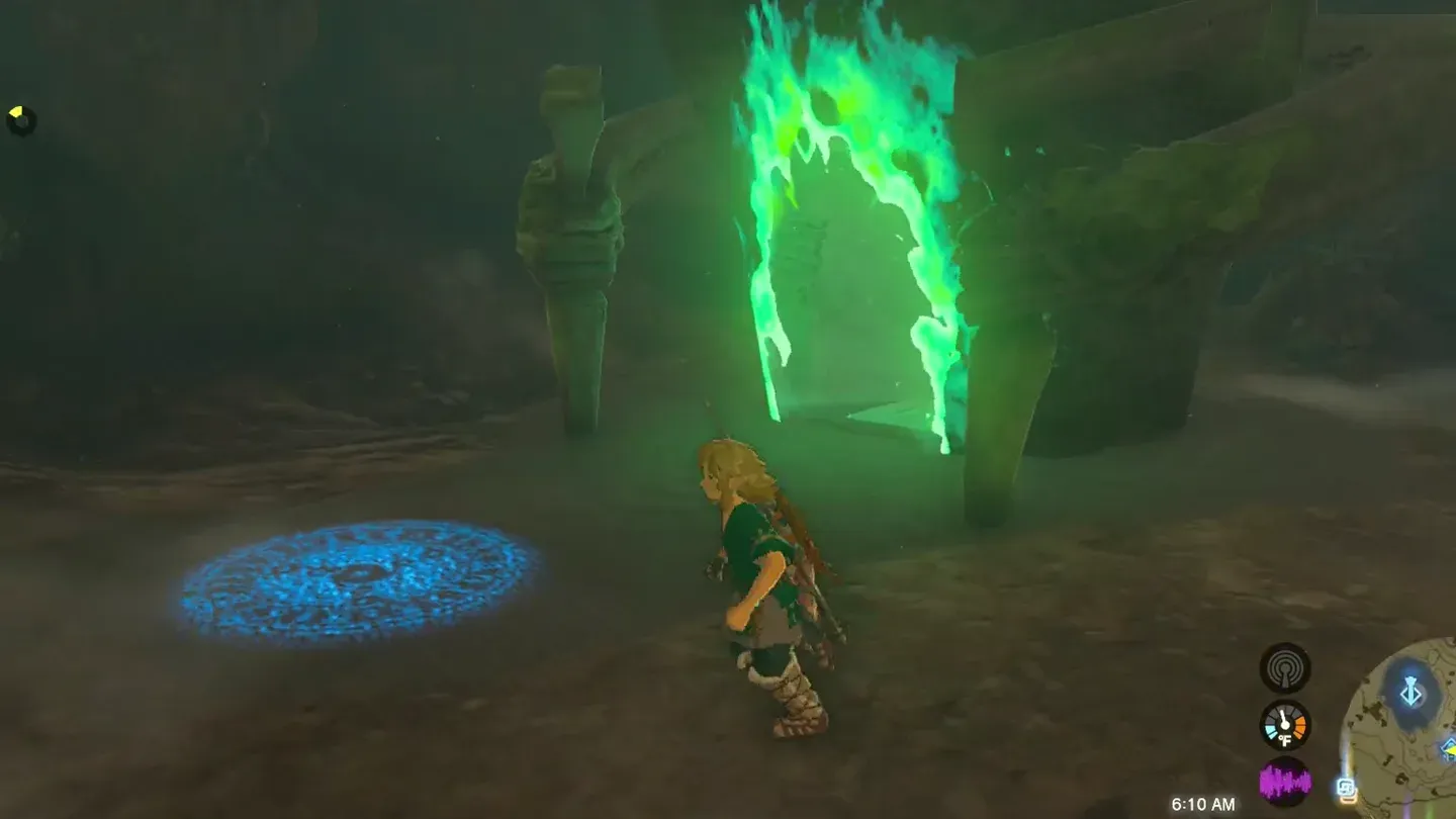 Link at the green glowing shrine entrance in the cave