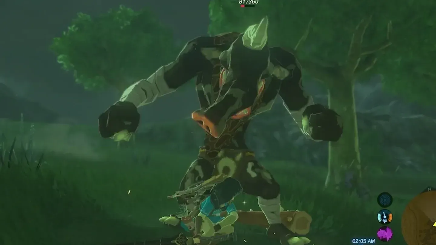 A Black Moblin with dark skin and grey patches looming over Link in a forest at night, its club on the ground