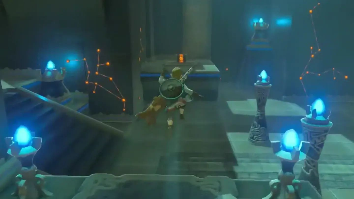 Link gliding from the left platform toward the chest ledge