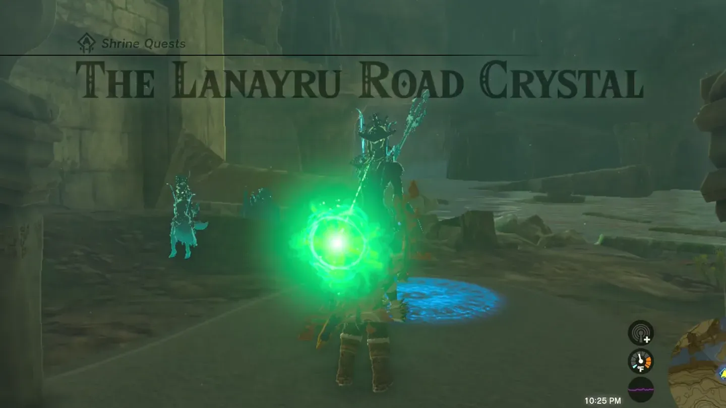 The empty shrine activated, its green beam starting the quest