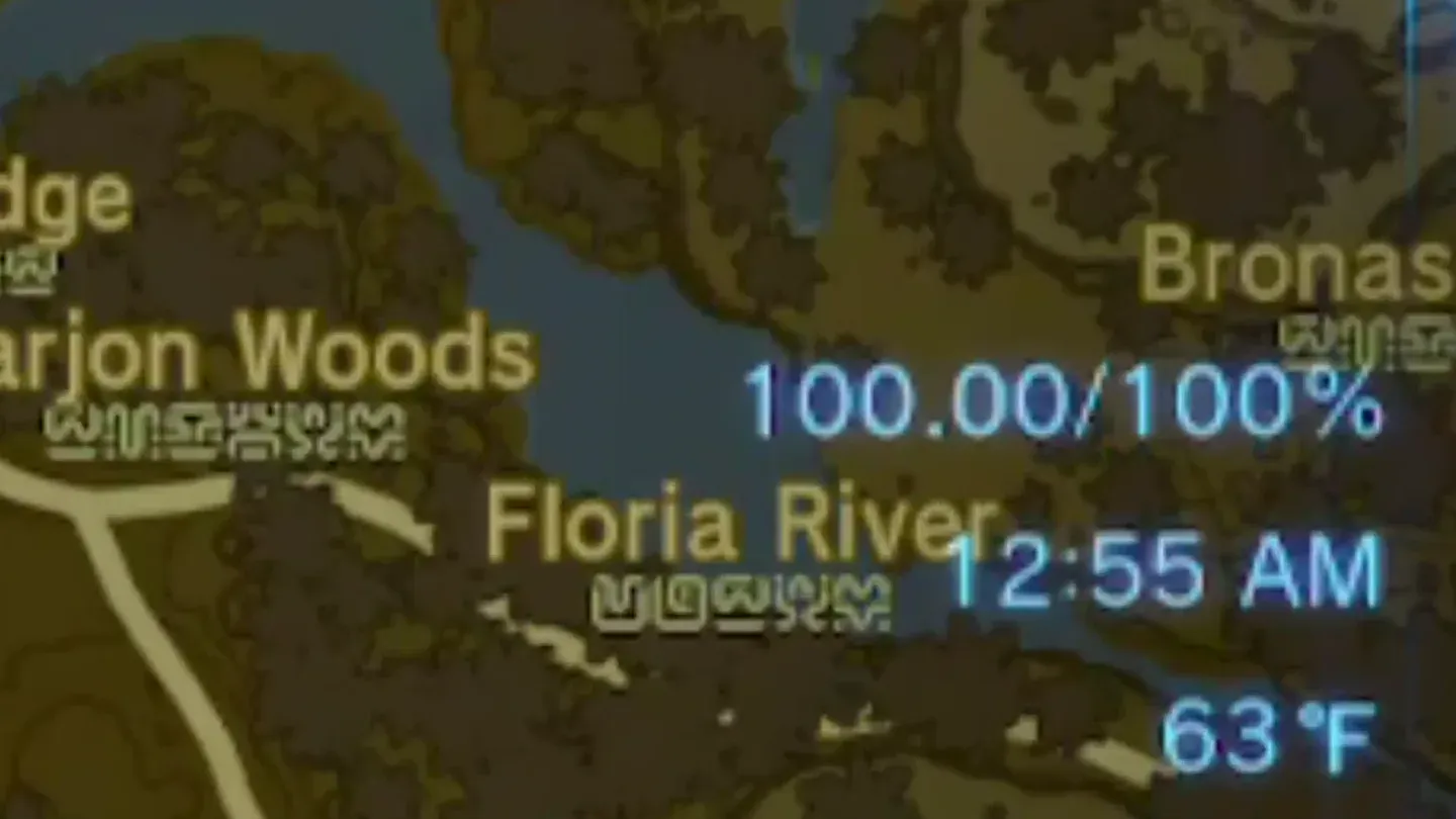 A corner of the map screen showing 100.00/100% above the clock and the temperature