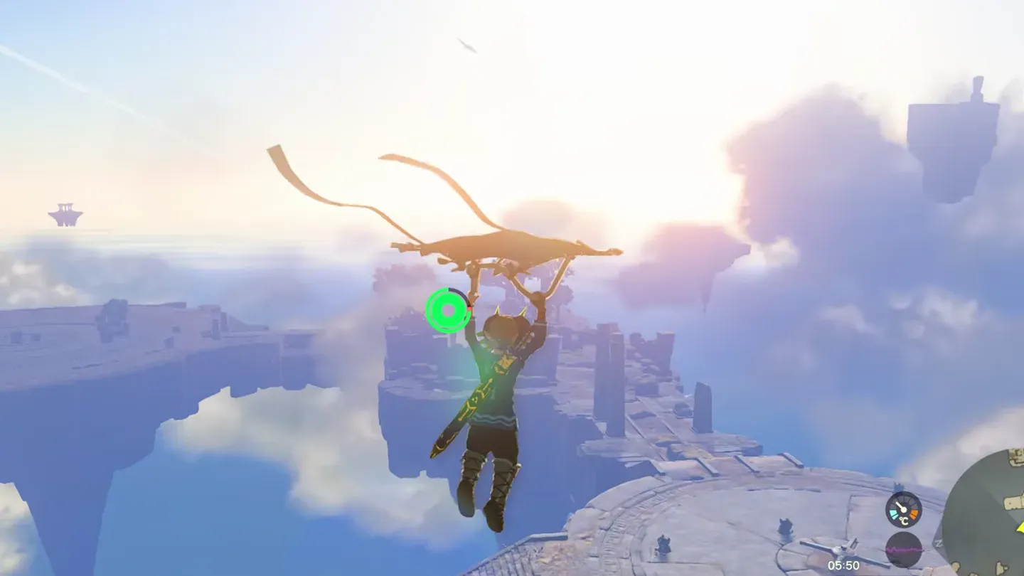 Link gliding toward Kumamayn Shrine's island in the sky