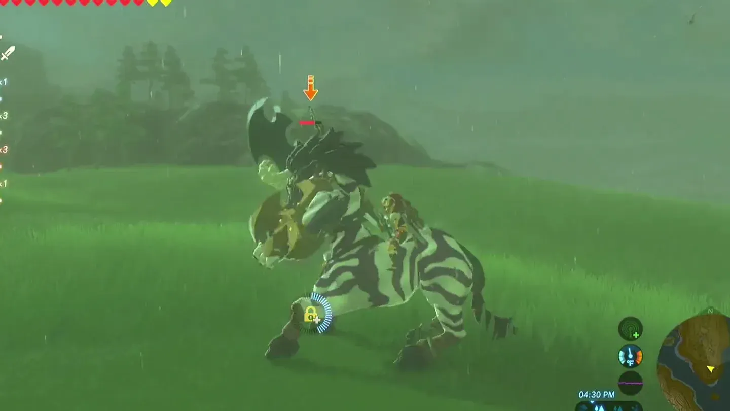 A White-Maned Lynel charging at Link across a grassy field