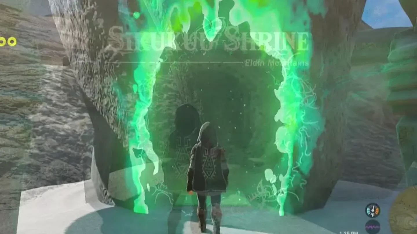 Link at the green-flamed entrance of Sikukuu Shrine