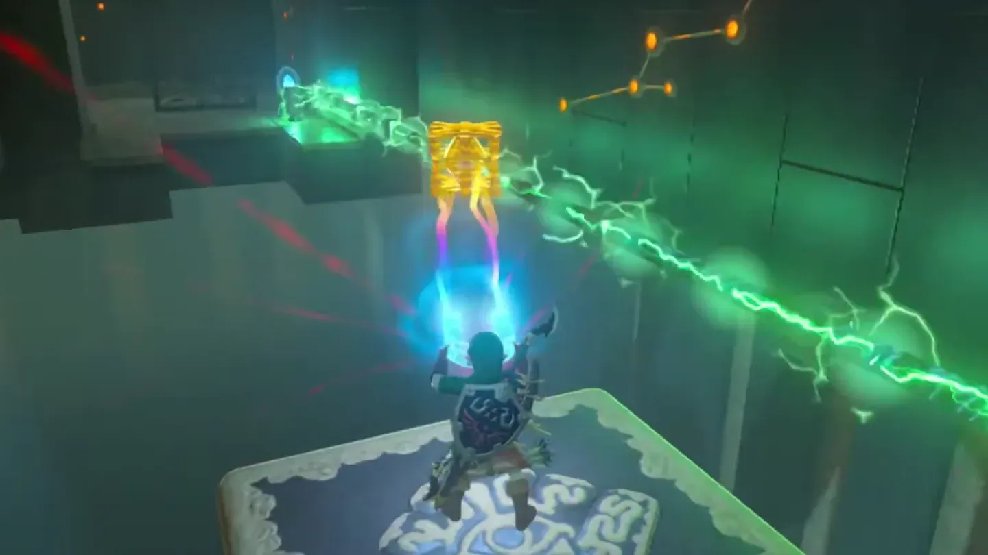 Link on the moving platform dragging the metal cube along the glowing wire
