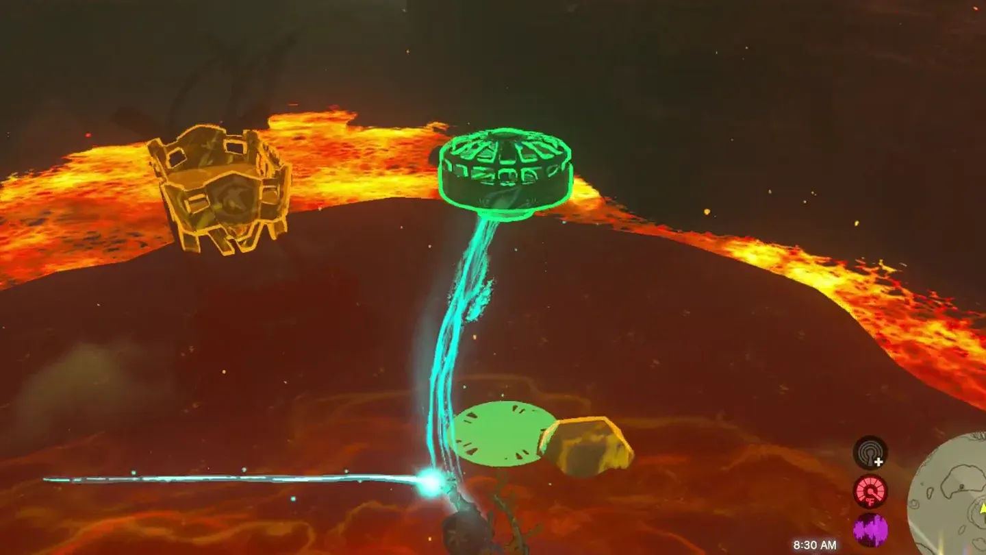 Ultrahand carrying a Zonai Fan toward a minecart over the lava