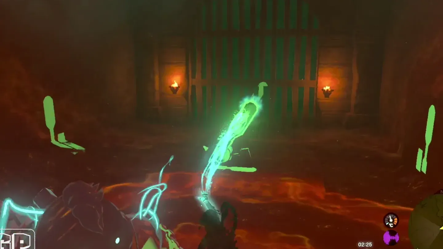 Link pulling a lever with Ultrahand between two torches in front of a barred gate