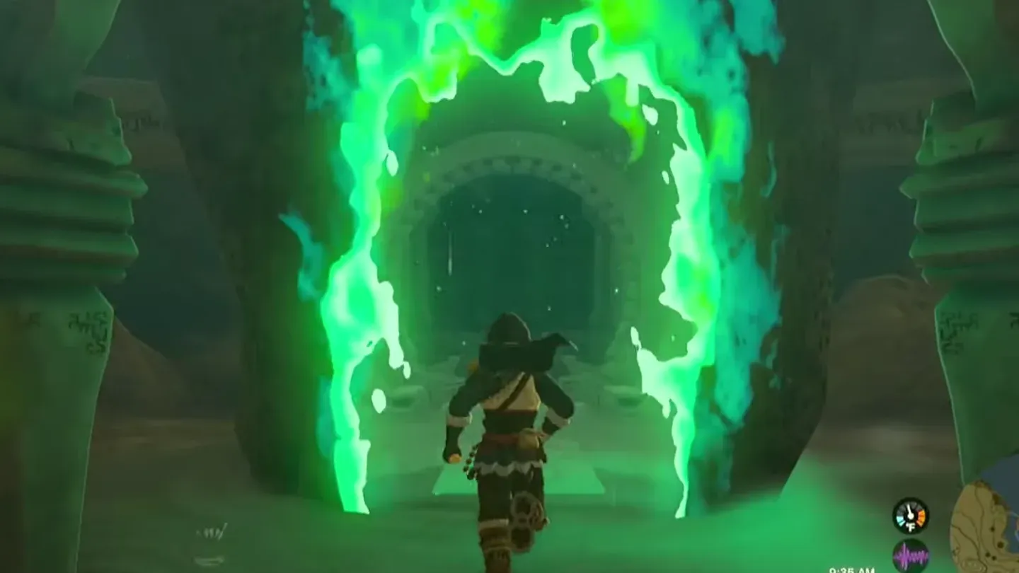 Link walking into the green-flamed entrance of Tadarok Shrine