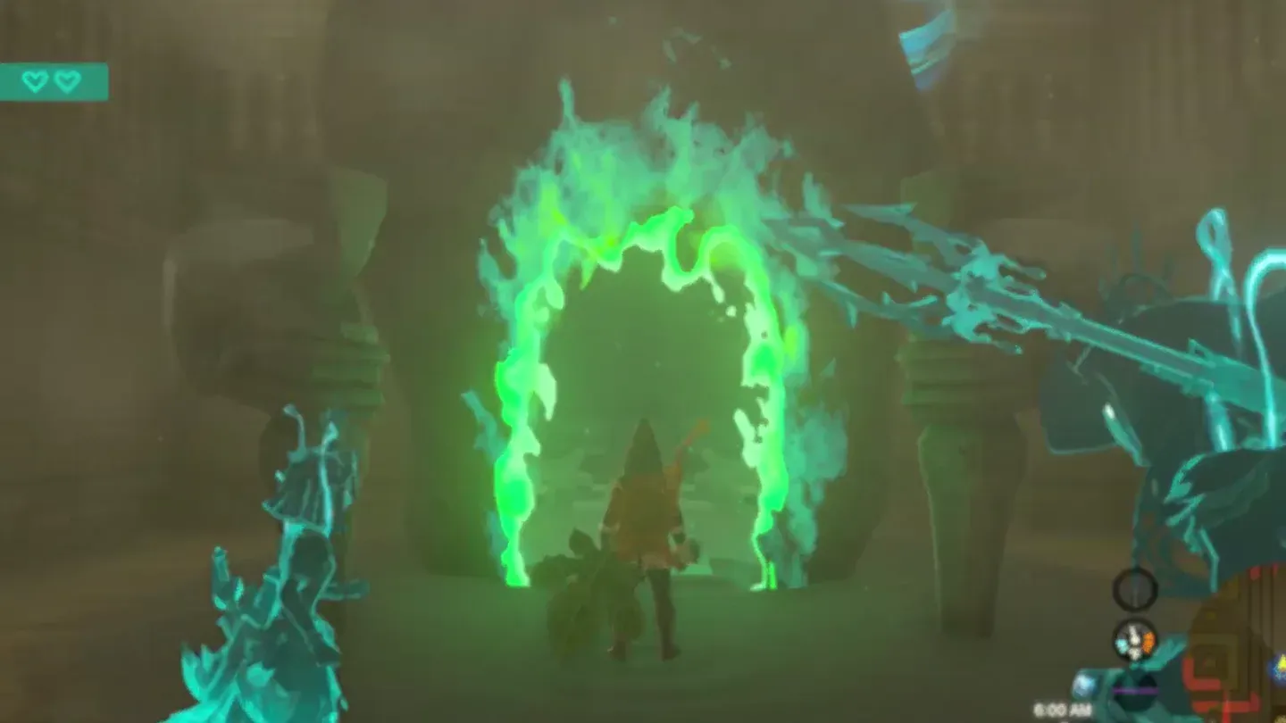 Link walking into the green-flamed entrance of Motsusis Shrine