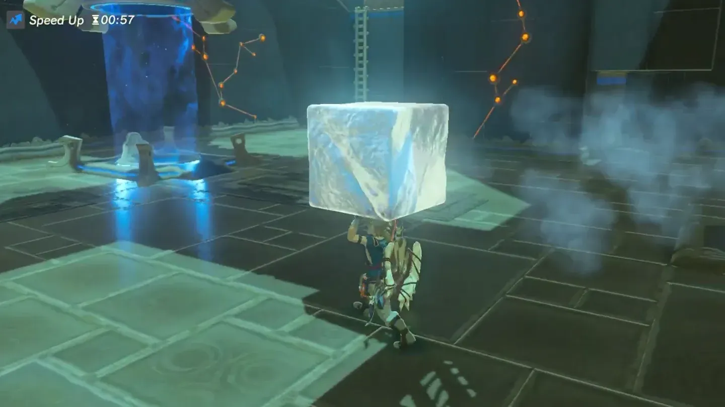 Link carrying the ice block above his head near the entrance