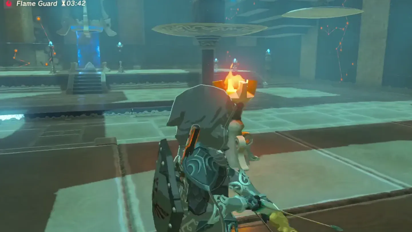 Link lighting an arrow at a burning torch