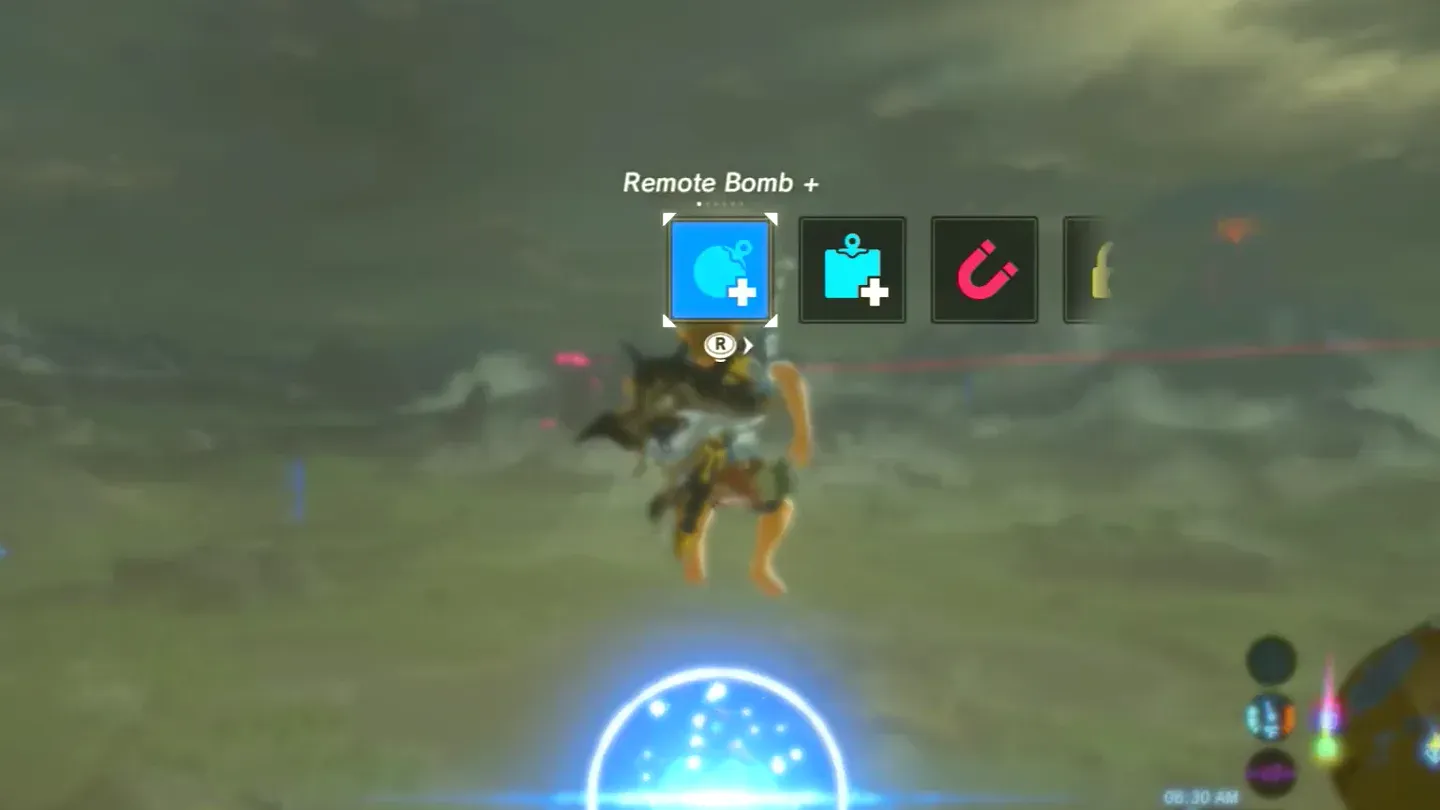 Link in midair with the rune menu open on Remote Bomb and a glowing bomb below him