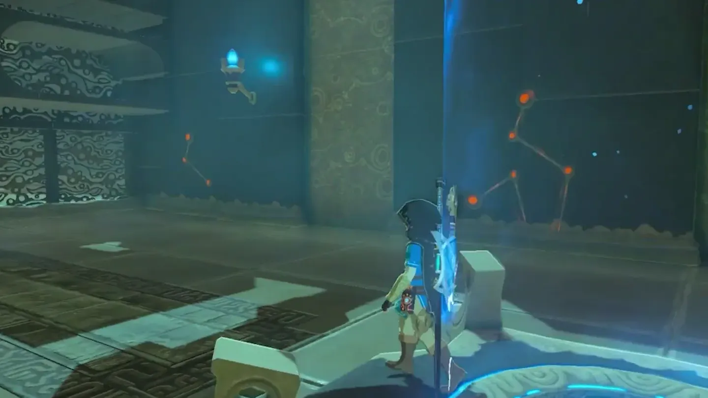 Link stepping off the elevator inside the shrine