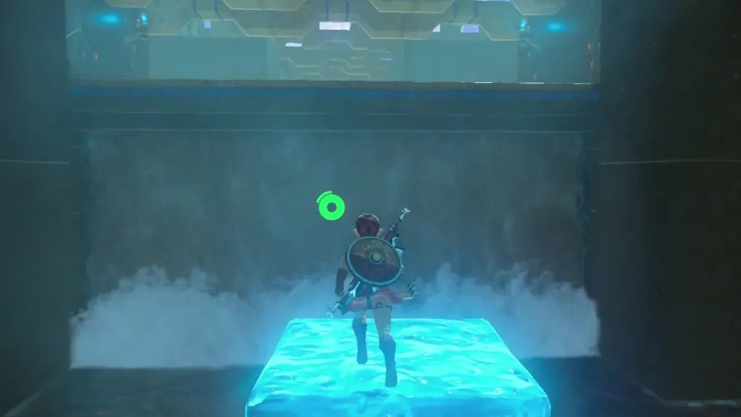 Link standing on an ice block in the pool, facing the waterfall